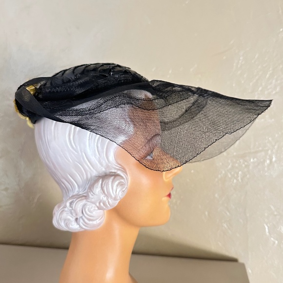 ROMANTIC 1930s\' BLACK STRAW HAT - SEE-THROUGH BRIM & YELLOW FLOWERS AT THE BACK main image 5